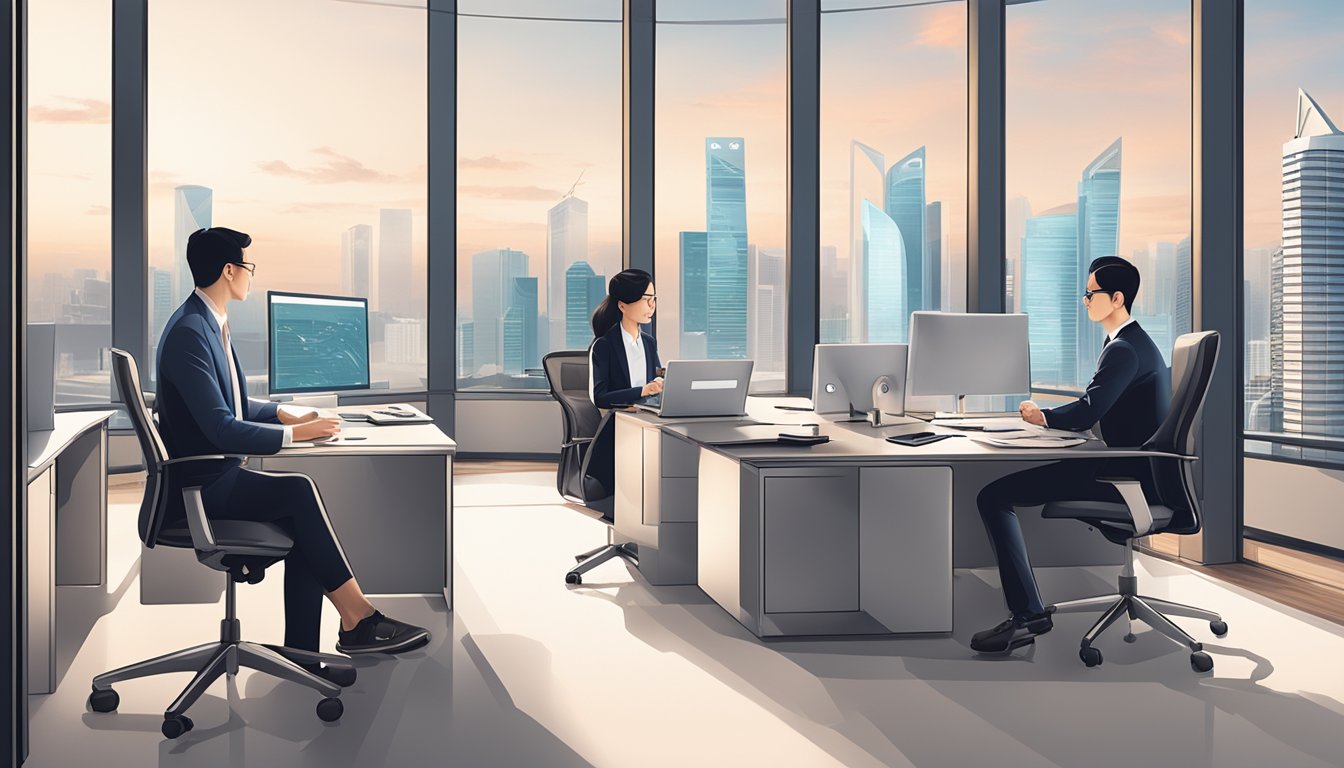 A sleek, modern office with the OCBC Premier logo prominently displayed, financial advisors consulting with clients, and a backdrop of the Singapore skyline