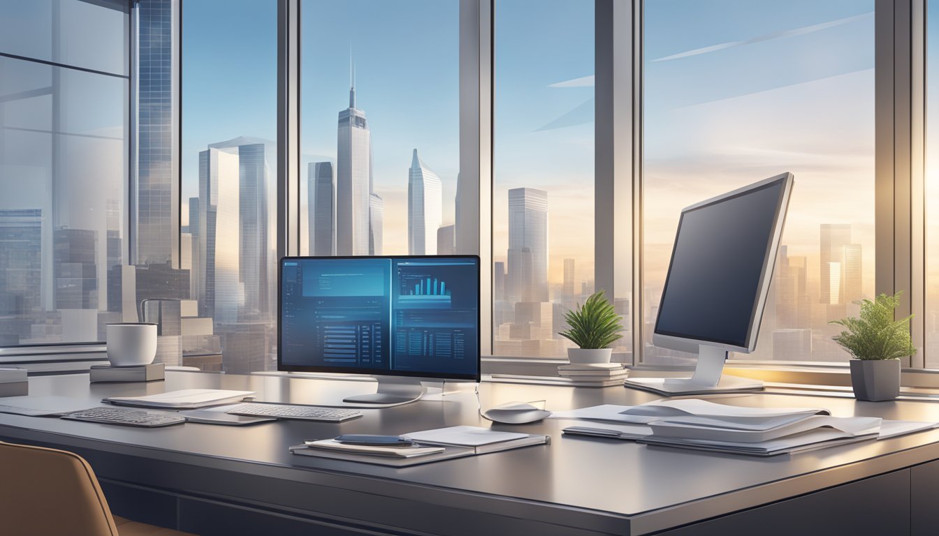 An elegant office setting with a modern desk, computer, and a sleek glass window overlooking the city skyline. A stack of financial documents and a secure digital transaction platform are visible