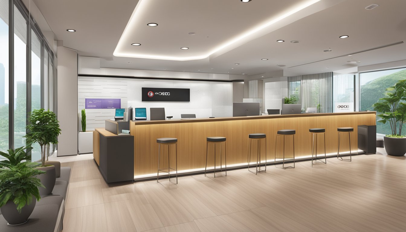 A modern and sleek bank branch in Singapore with the OCBC Premier Banking logo prominently displayed. A customer service desk and comfortable seating area for clients