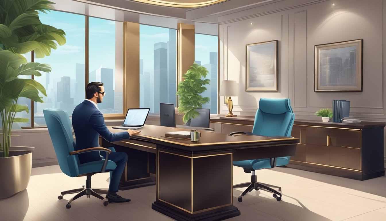 A luxurious office setting with a sleek, modern design. A banker assists a client with personalized financial advice. The client enjoys exclusive benefits and privileges
