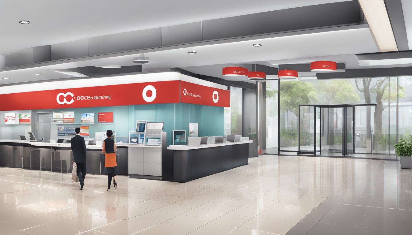 A sleek, modern bank branch with the OCBC Premier Banking logo prominently displayed. Security cameras and insurance brochures are visible