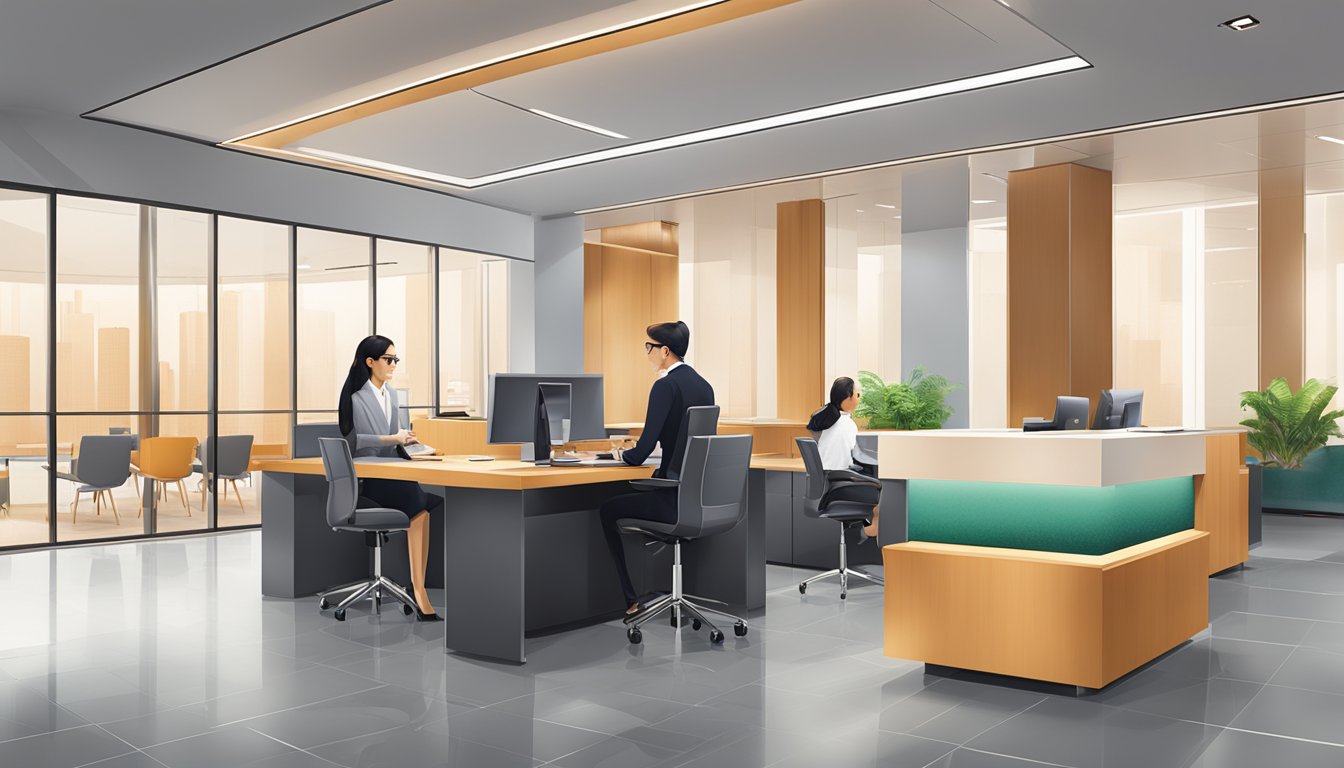 A sleek, modern bank interior with the OCBC Premier Banking logo displayed prominently. A customer service representative assists a client at a stylish desk