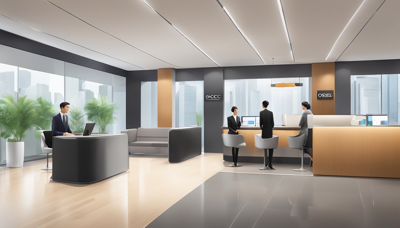 A sleek, modern bank setting with a prominent "OCBC Premier Banking" logo, a comfortable waiting area, and a professional-looking staff assisting clients