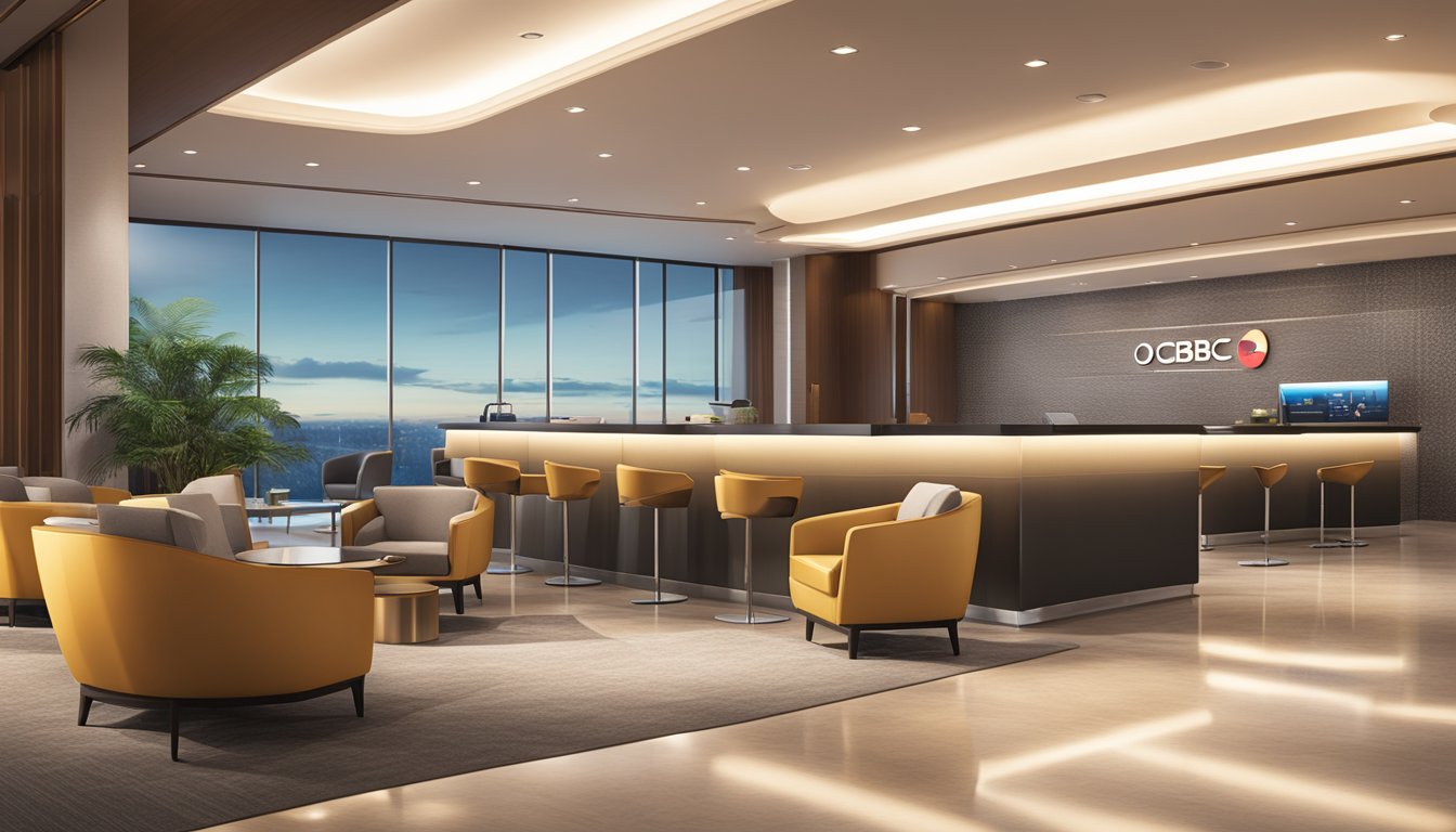 A luxurious airport lounge with sleek modern furniture, soft ambient lighting, and the OCBC Premier Banking logo prominently displayed