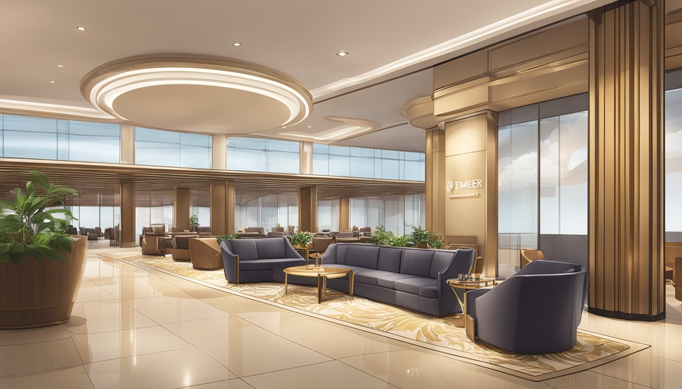 A luxurious airport lounge with the OCBC Premier Banking logo prominently displayed, featuring comfortable seating and elegant decor