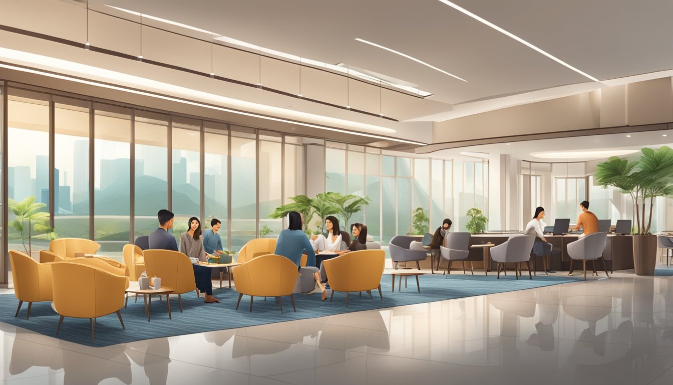 Passengers enjoying amenities in the OCBC Premier Banking airport lounge in Singapore. Comfortable seating, modern decor, and a serene atmosphere