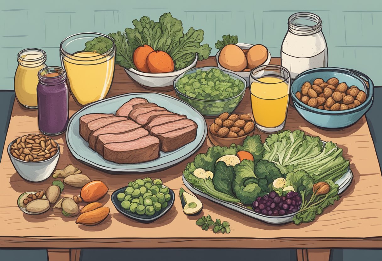 A table filled with lean meats, eggs, nuts, and vegetables. Protein shakes and fruits are also present