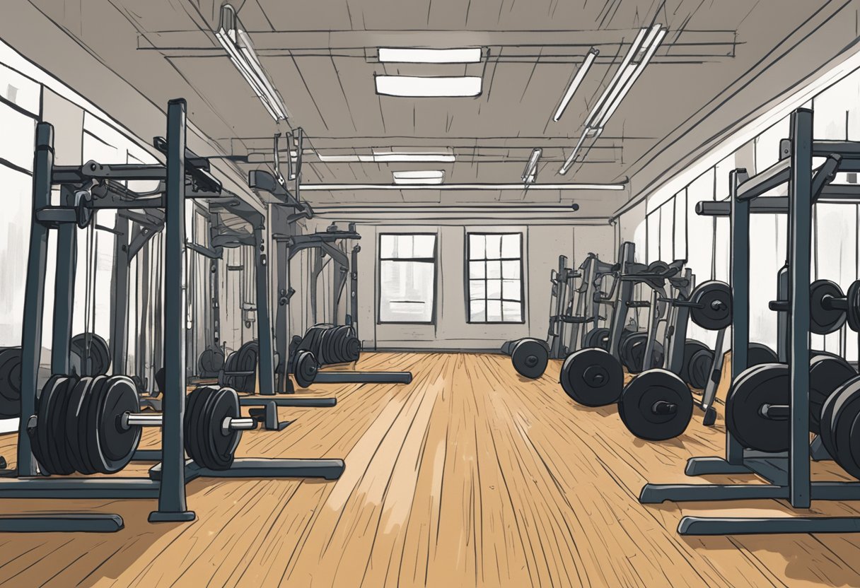 A pair of weighted barbells sits on a gym floor, surrounded by squat racks and leg press machines. Sweat drips down the walls as intense workouts take place