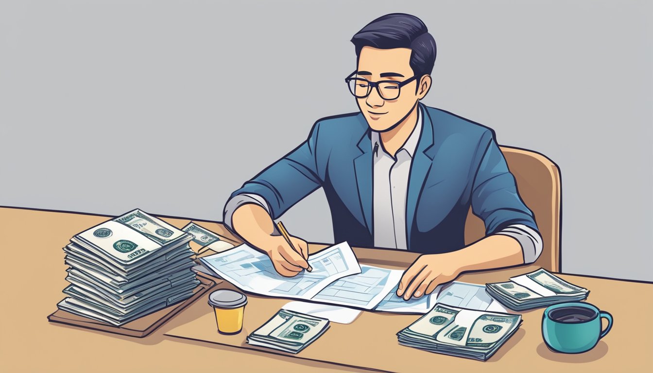 A person in Singapore receives a payday loan, showing improved financial stability and peace of mind. The borrower is depicted confidently managing their expenses and meeting their financial obligations