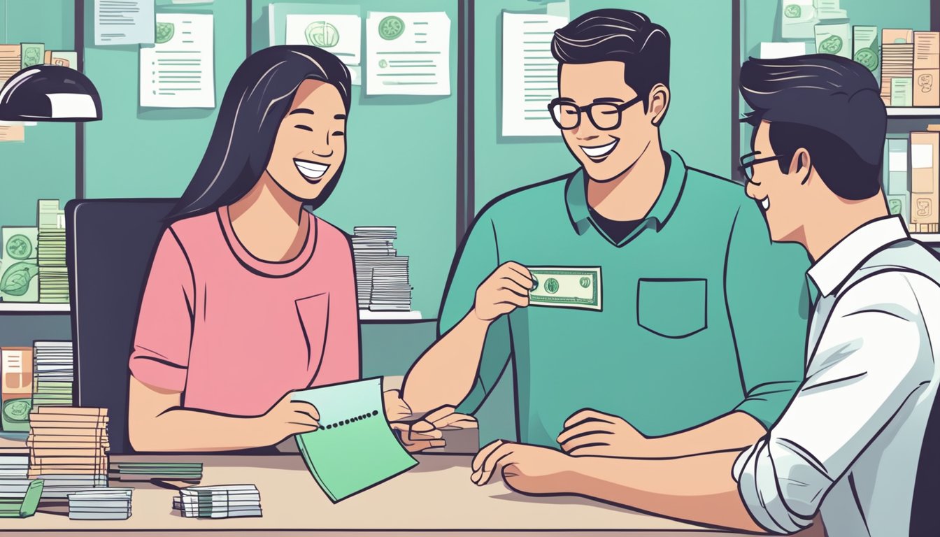 A person receiving cash from a lender with a smiling face, while a list of benefits of getting a payday loan in Singapore is displayed in the background