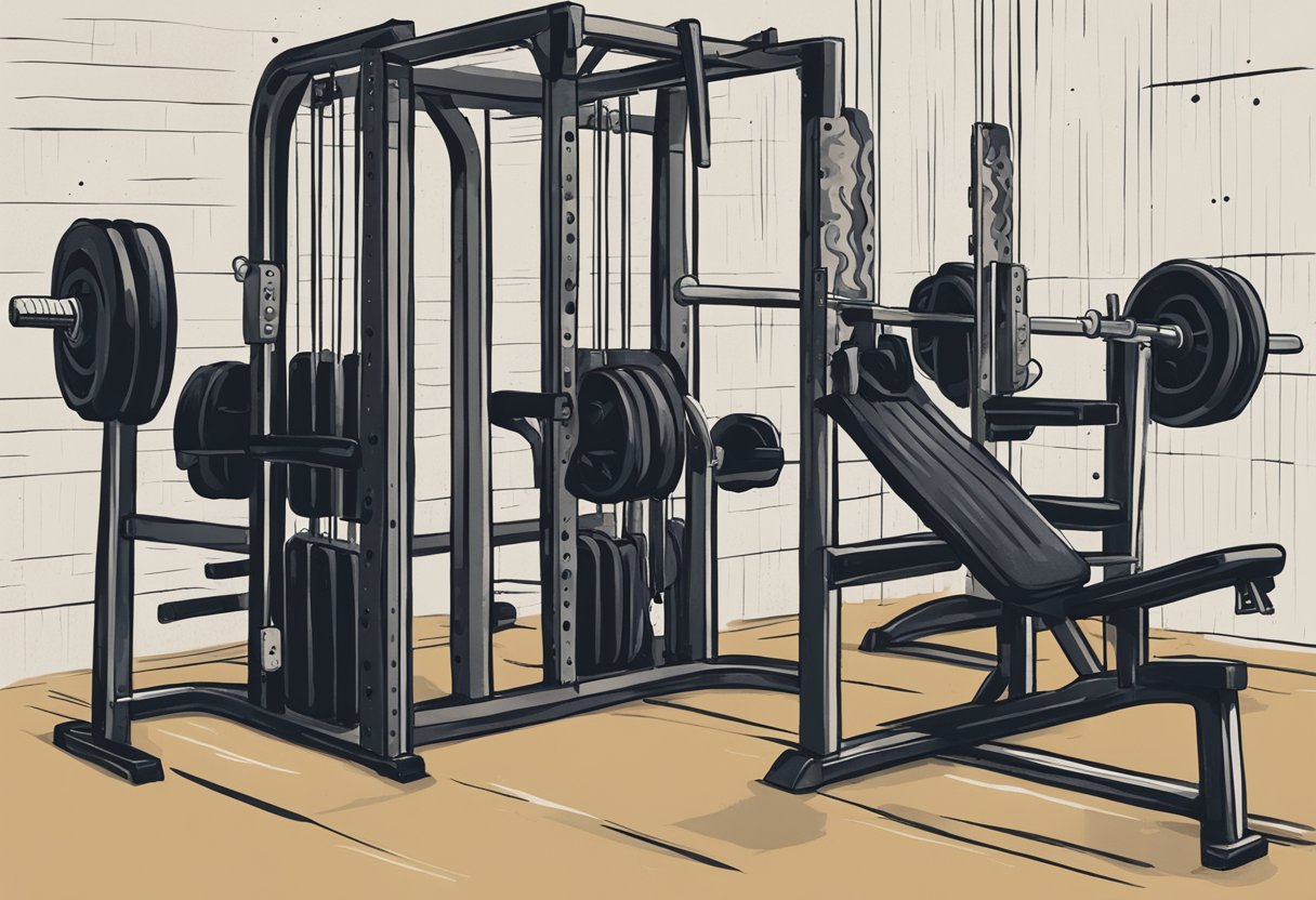 A gym setting with leg workout equipment, such as leg press, squat rack, and weight plates. Sweat drips and heavy breathing indicate an intense workout