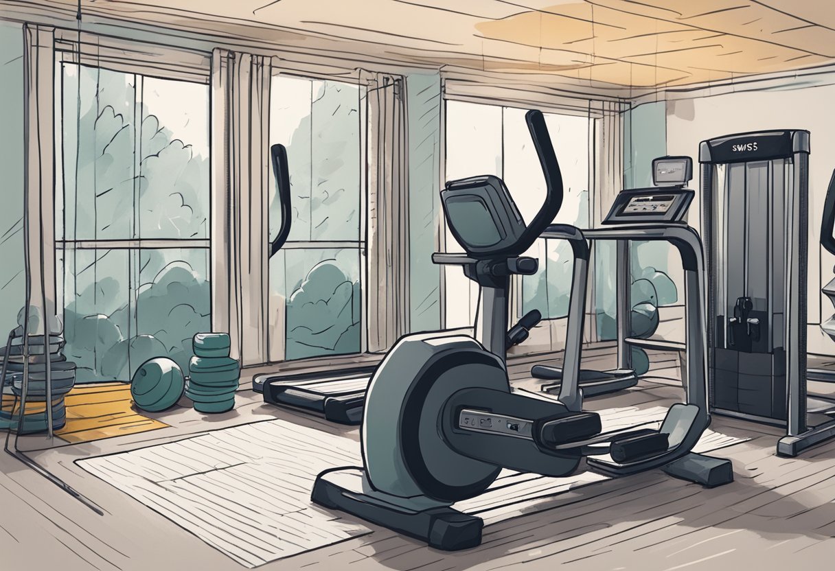 A gym scene with weightlifting equipment, resistance bands, and a treadmill. Sweat drips down a water bottle. Heart rate monitor shows high intensity