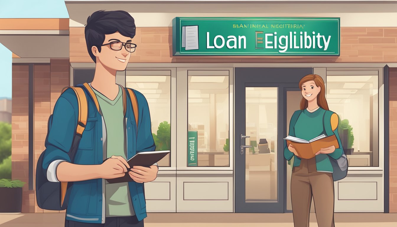 A student holding a diploma and a loan application form, standing in front of a bank or financial institution with a sign displaying "Education Loan Eligibility Criteria."