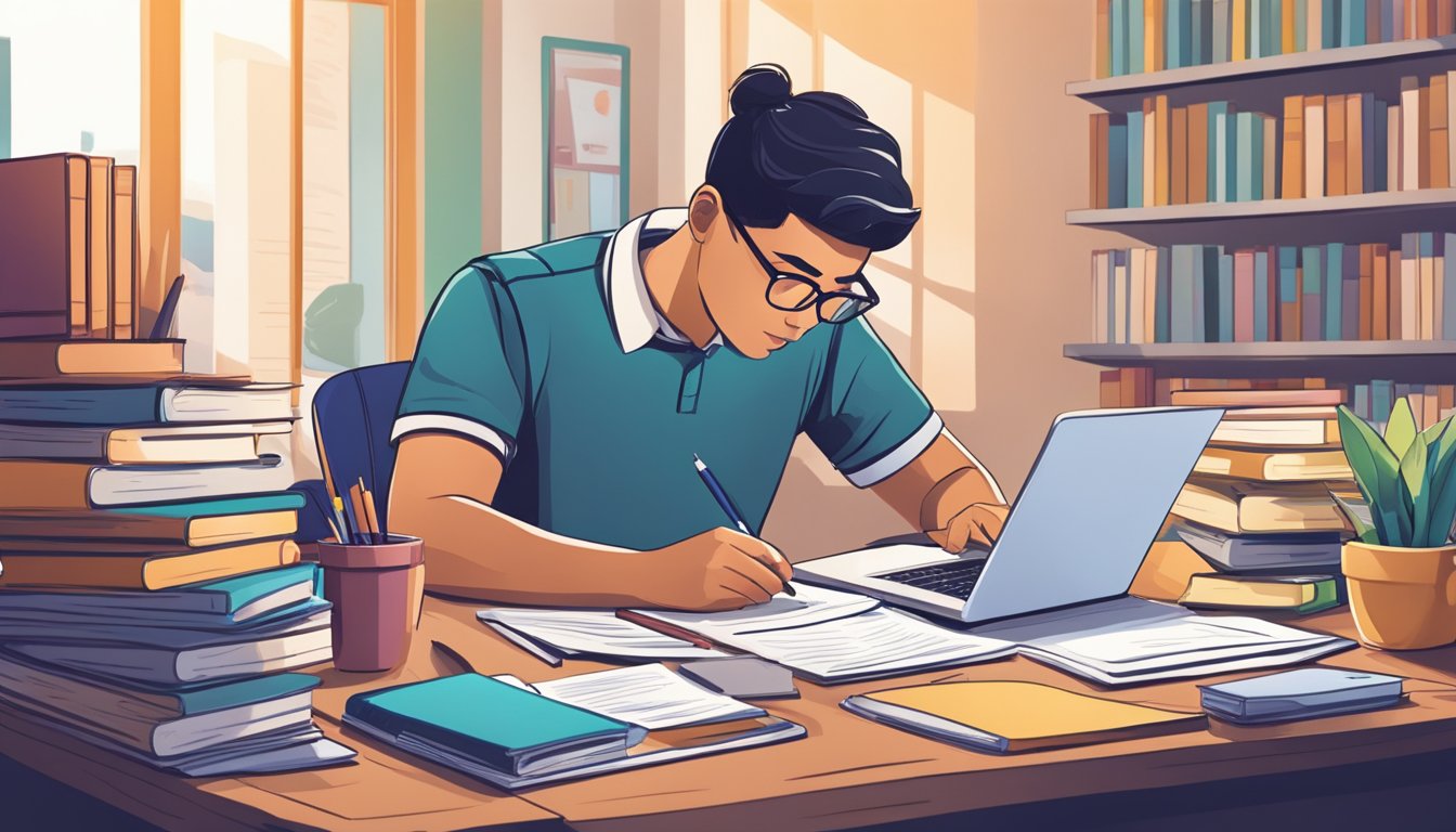 A student sits at a desk, surrounded by books and a laptop, filling out paperwork for an education loan. A money lender in Singapore looks on, ready to provide financial assistance