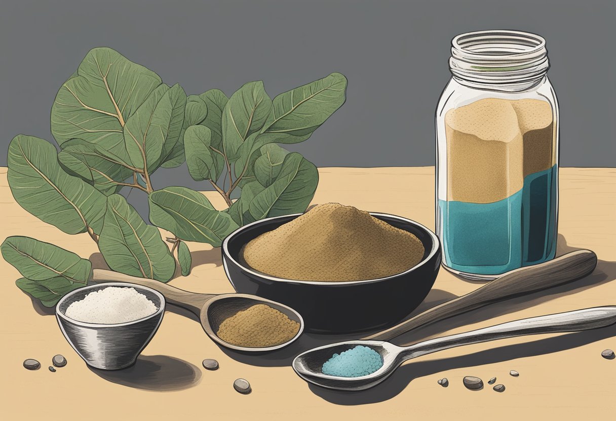 A spoonful of baobab powder sits on a kitchen counter, next to a measuring spoon and a glass of water