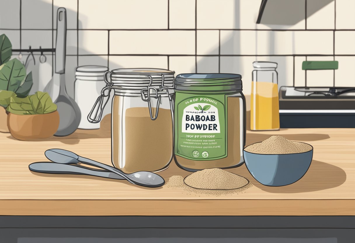 A jar of baobab powder sits on a kitchen counter next to a measuring spoon. The label reads "Baobab Powder Fundamentals: how much baobab powder per day."