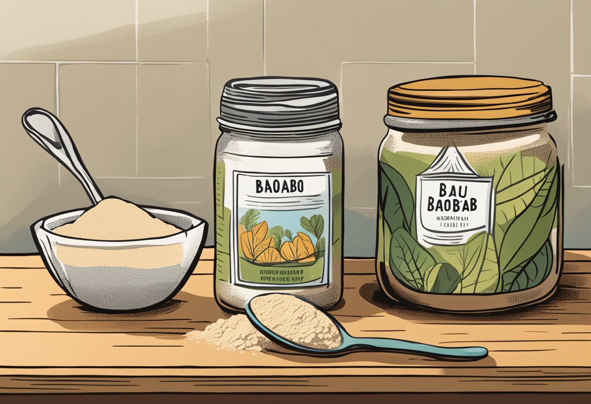 A jar of baobab powder sits on a kitchen counter, with a spoonful of the powder next to it, representing the recommended daily amount for health benefits