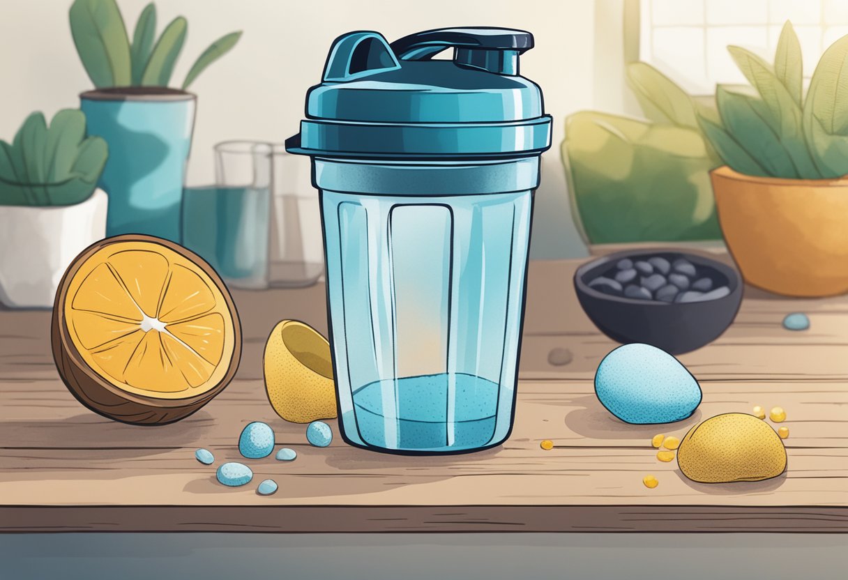 A protein shaker sits on a table, its spring ball inside, ready to mix powdered supplements with liquid for a smooth and clump-free drink