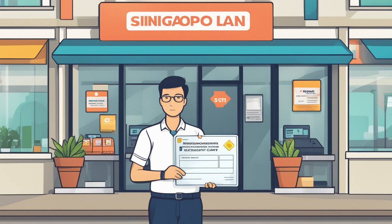 A person holding a Singaporean identification card and a pay stub, while standing in front of a payday loan office with a sign displaying the eligibility criteria