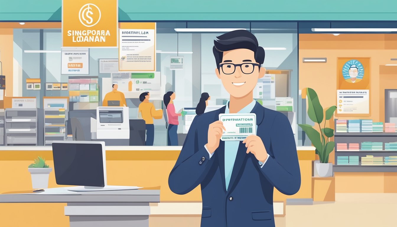 A person holding a Singaporean identification card and a pay stub, standing in front of a payday loan office with a sign displaying eligibility criteria and financial considerations