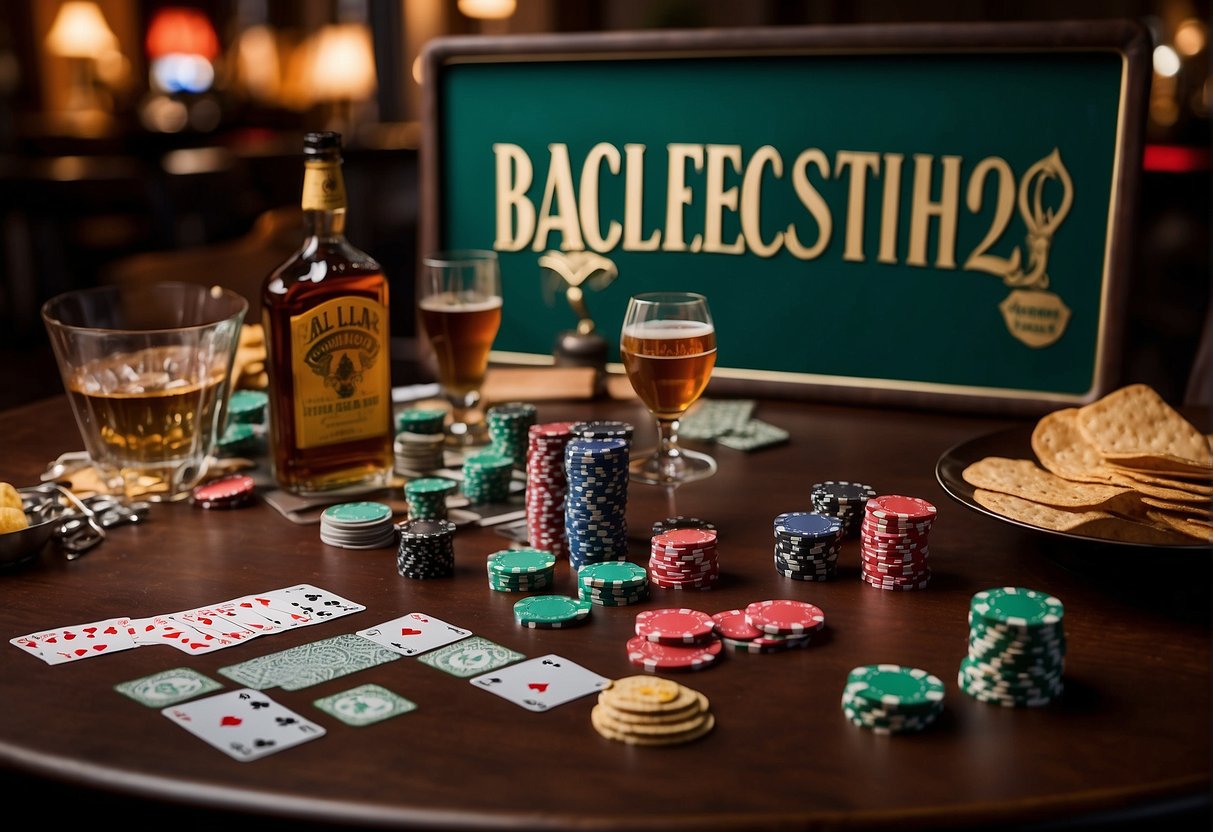 A table with various items: drinks, cigars, poker chips, and a party sign. A banner reads "All-Inclusive Bachelor Party Packages."