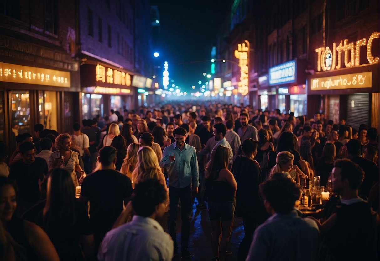 A bustling city street lined with neon-lit clubs and bars, pulsing with music and laughter, beckoning partygoers to join in the legendary nightlife and entertainment