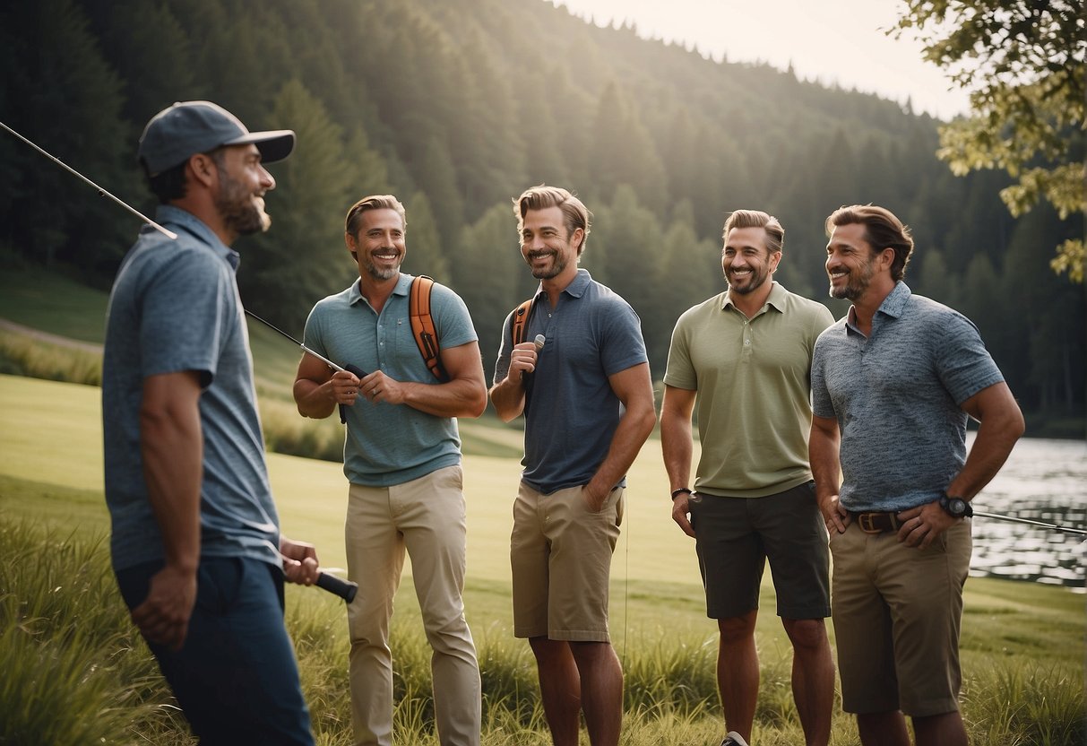 A group of men enjoying outdoor activities like fishing, golfing, and hiking as part of an all-inclusive bachelor party package
