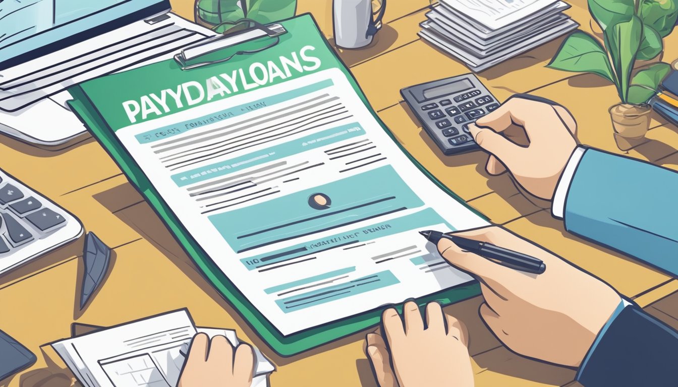 A person checking off eligibility criteria for payday loans in Singapore. Required documents and income verification on a table
