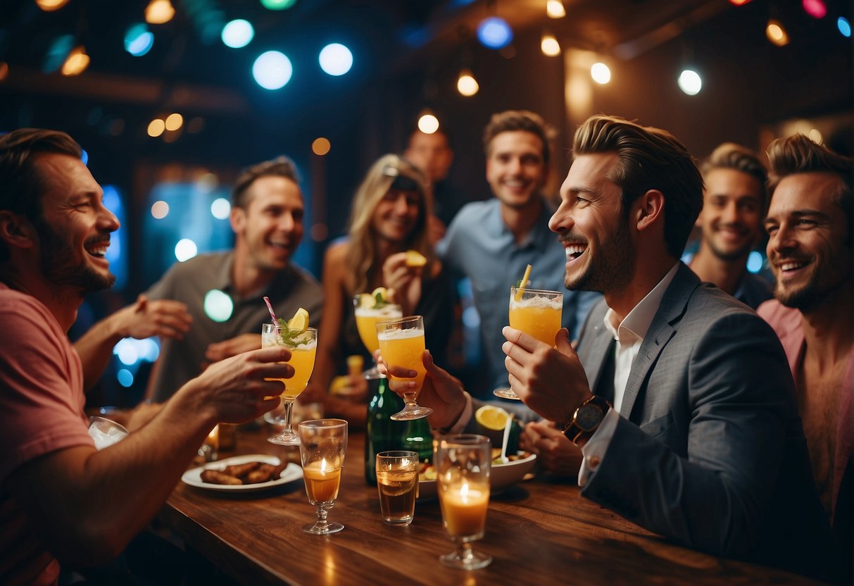 A lively bachelor party scene with colorful decorations, drinks, and entertainment