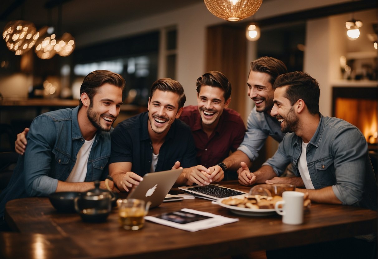 A group of friends gather around a table, surrounded by brochures and laptops, as they excitedly plan and book an all-inclusive bachelor party package