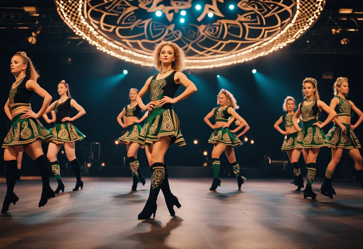 A group of dancers perform intricate footwork on a stage, surrounded by vibrant Celtic designs and symbols. The energy and passion of Irish dance is palpable, as the traditional art form captivates audiences worldwide