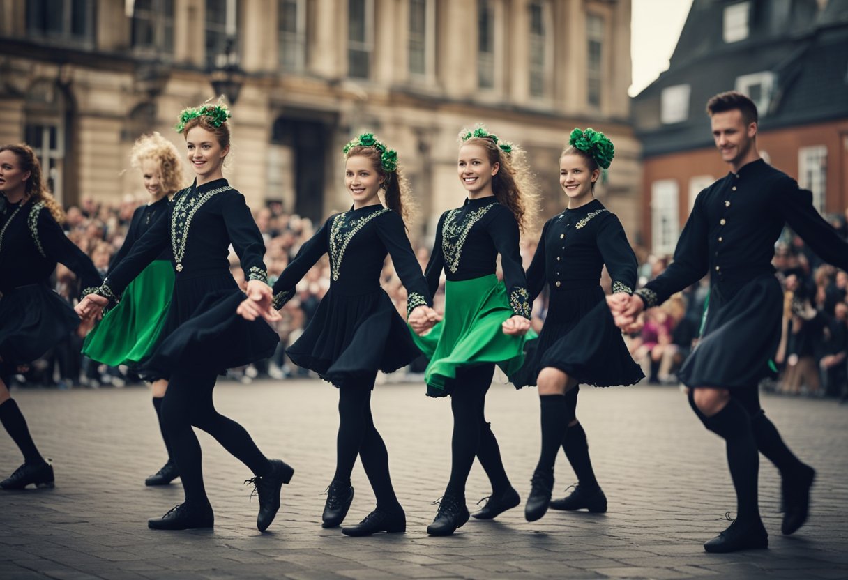 A group of Irish dancers perform traditional steps in front of a global audience, showcasing the cultural fabric of Irish dance as it has spread and evolved worldwide