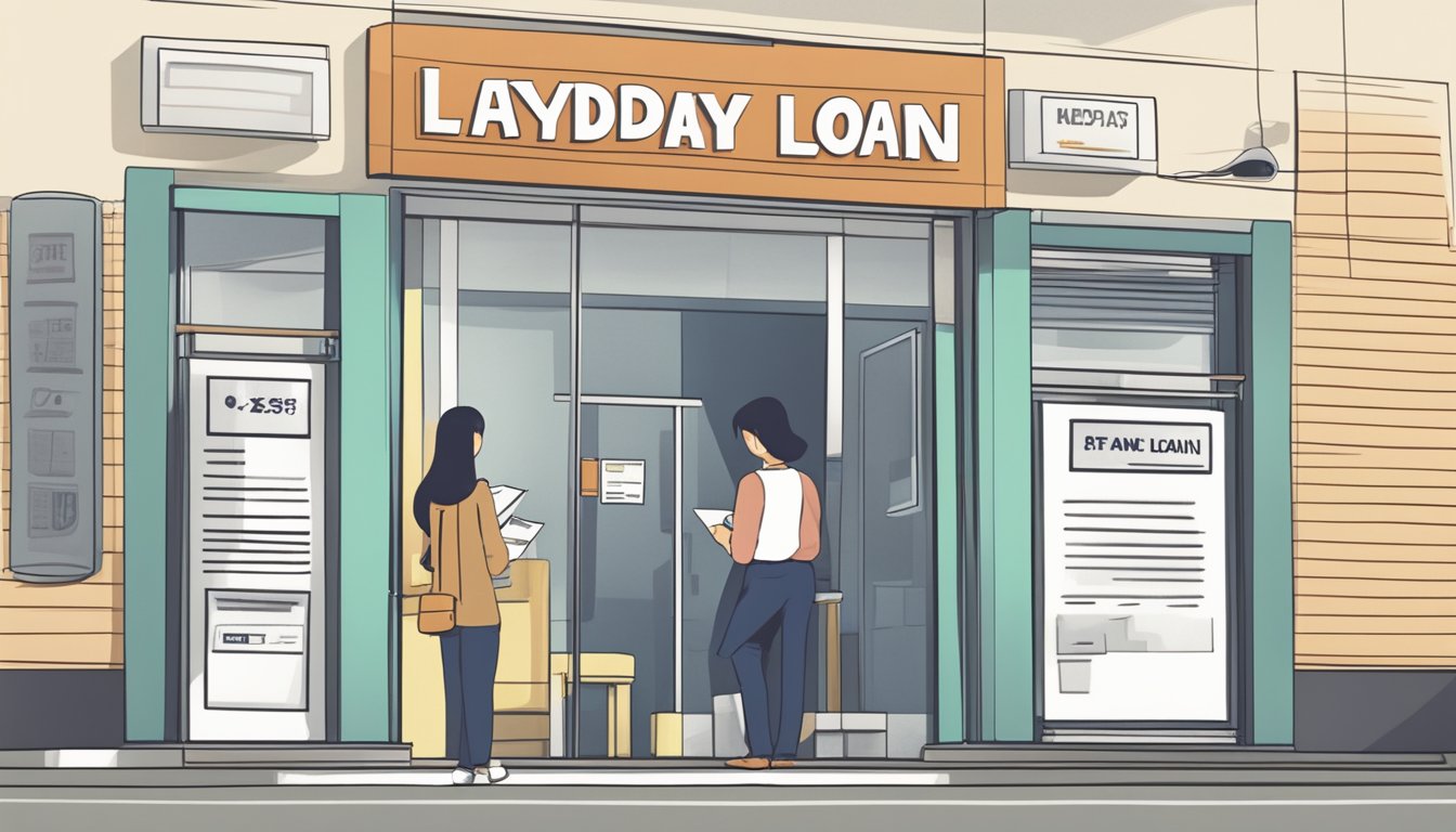 A person fills out a loan application form at a payday loan office in Singapore. The interest rate sign is prominently displayed on the wall