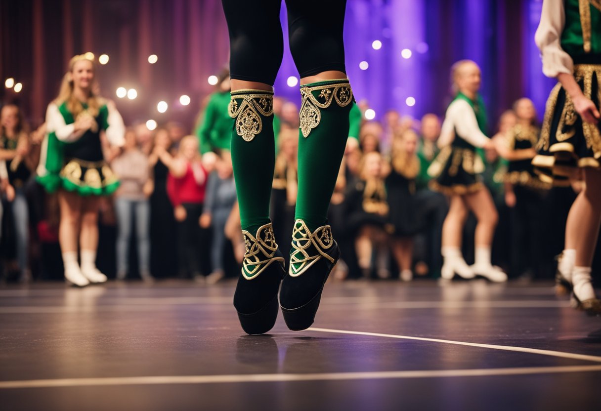 A stage adorned with Irish dance symbols, surrounded by eager spectators, as dancers perform traditional steps with precision and grace
