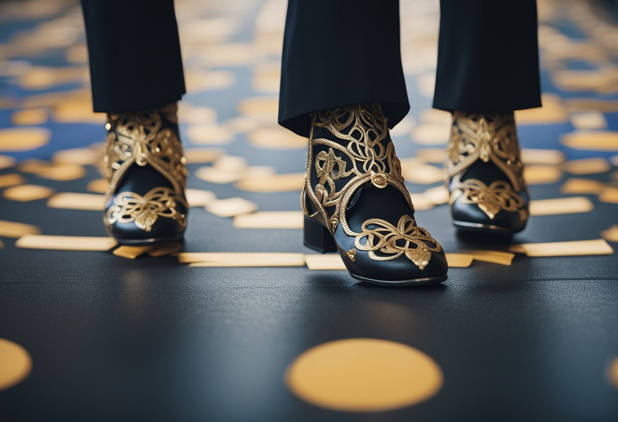 Traditional Irish dance steps intertwine with modern influences, reflecting global connections. The backdrop includes symbols of social and political events