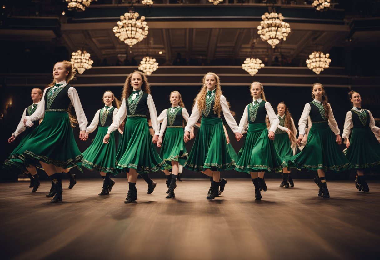 A group of Irish dancers perform traditional steps on a global stage, showcasing the evolution of Irish dance from its roots to its current worldwide impact