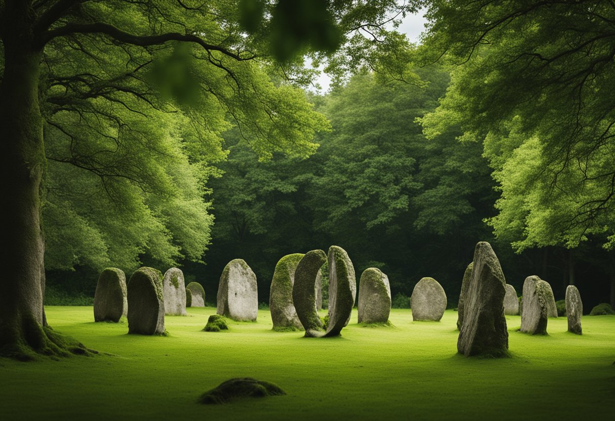 The Whispering Winds: Unveiling Ireland's Enigmatic Weather Lore and Myths - The ancient stone circle stands tall, surrounded by lush greenery. The wind whispers through the trees, carrying with it the lore of Ireland's mythological weather