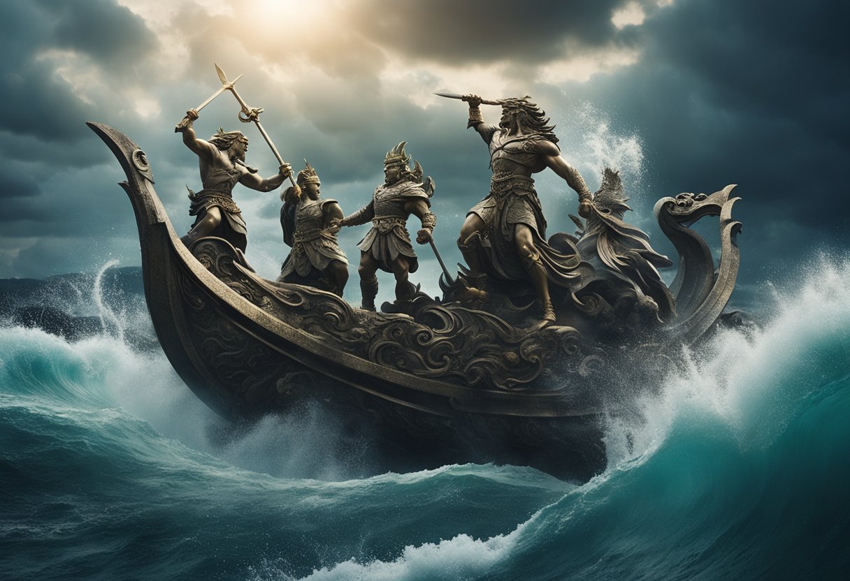 The Whispering Winds: Unveiling Ireland's Enigmatic Weather Lore and Myths - The fierce battle between the ancient gods and the elemental forces of nature unfolds amidst swirling winds and crashing waves, as the powerful mythological figures clash in a dramatic showdown