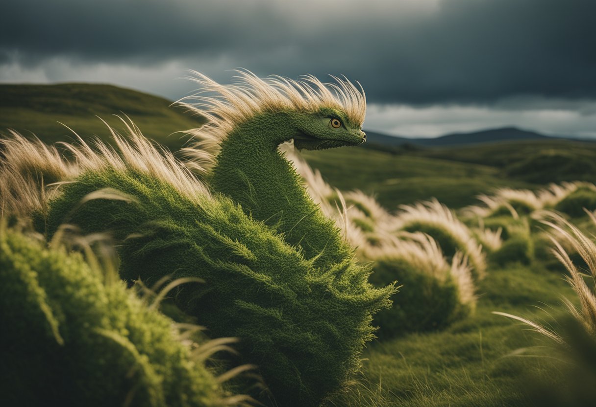 The Whispering Winds: Unveiling Ireland's Enigmatic Weather Lore and Myths - The scene depicts swirling winds transforming into mythical creatures, intertwining with natural elements in an ancient Irish landscape