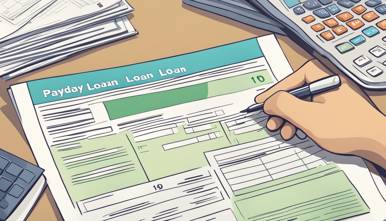 A person filling out a payday loan application form with necessary documents and personal information