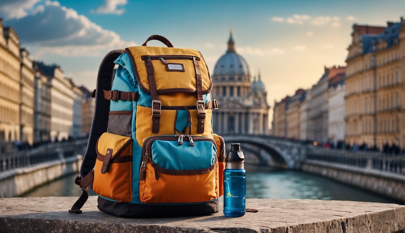 A colorful backpack with multiple compartments, a padded back, and adjustable straps, filled with a map, guidebook, water bottle, and camera, sits against a backdrop of famous European landmarks