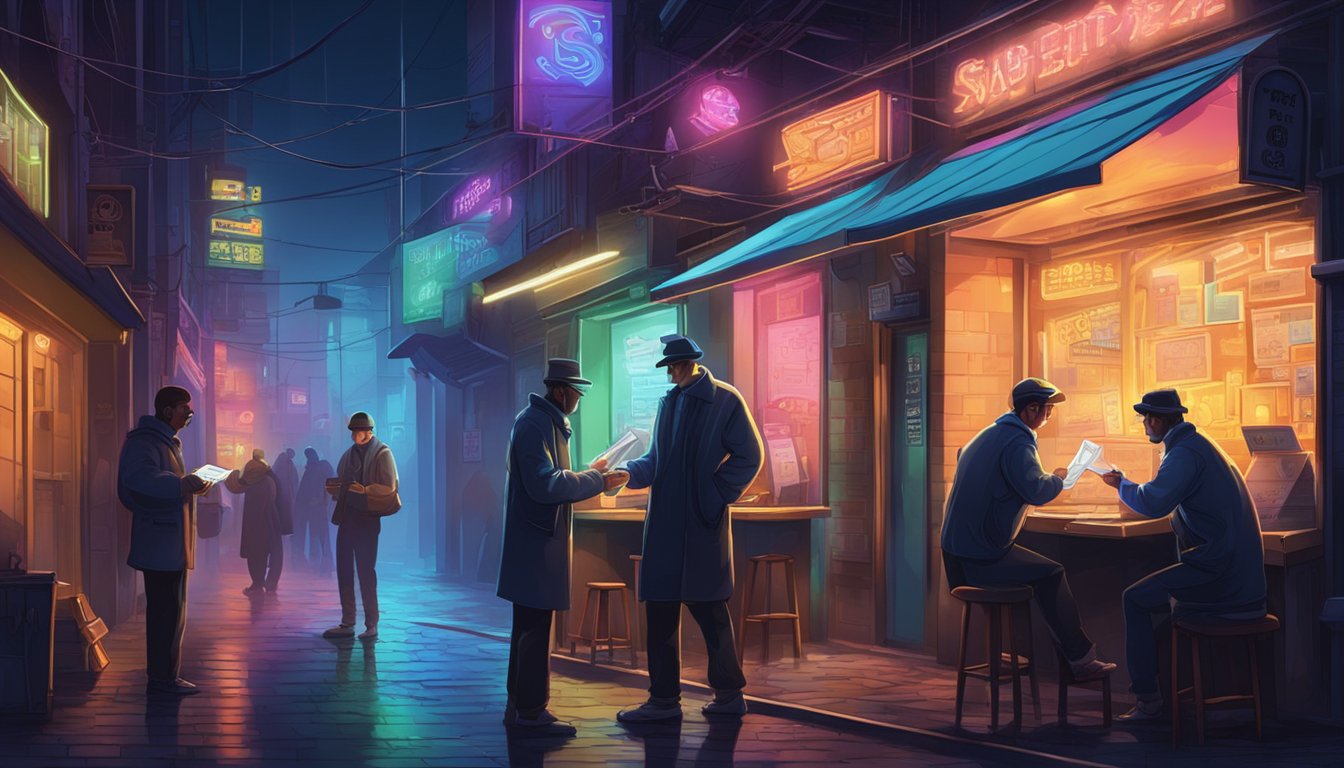 A dim alleyway with shadowy figures exchanging cash and documents under the glow of neon signs