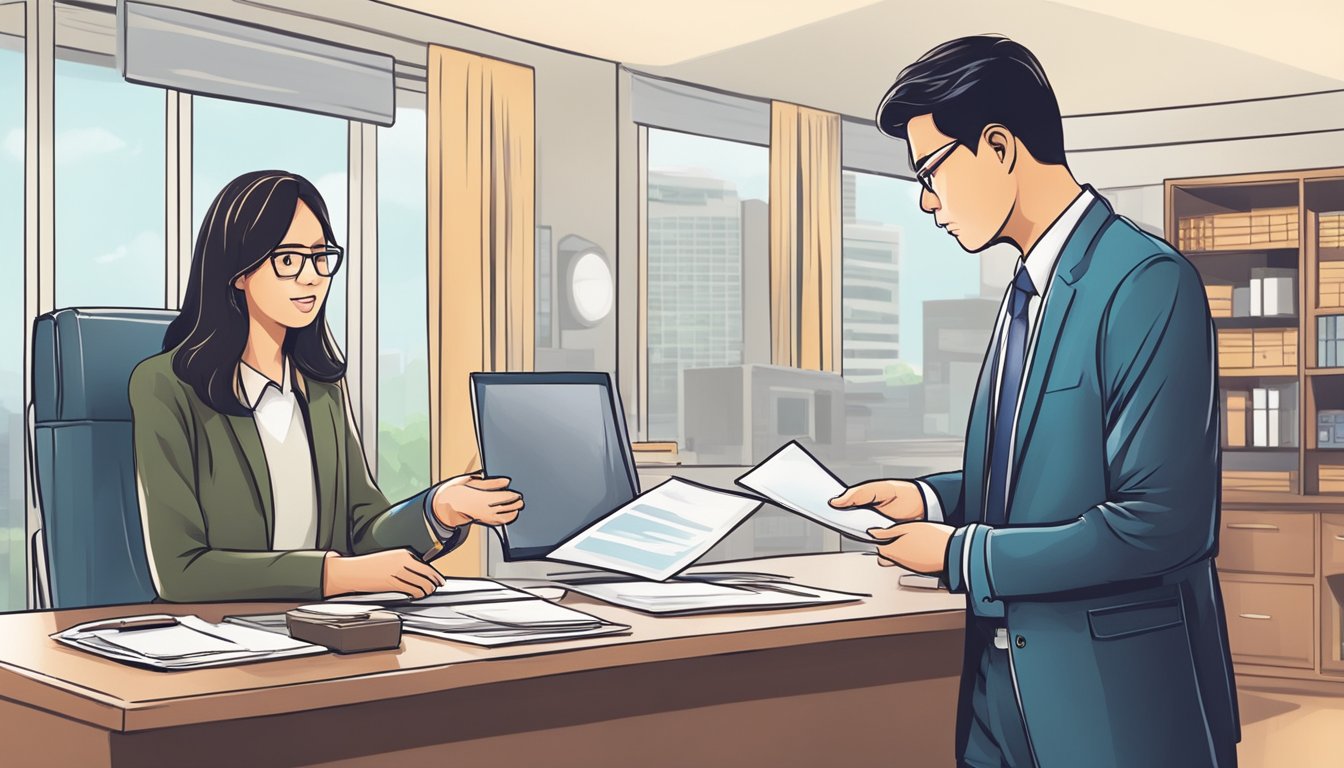 A person receiving a suspicious offer from an unlicensed money lender in Singapore. The lender is pressuring the individual to take out a loan with high interest rates and hidden fees