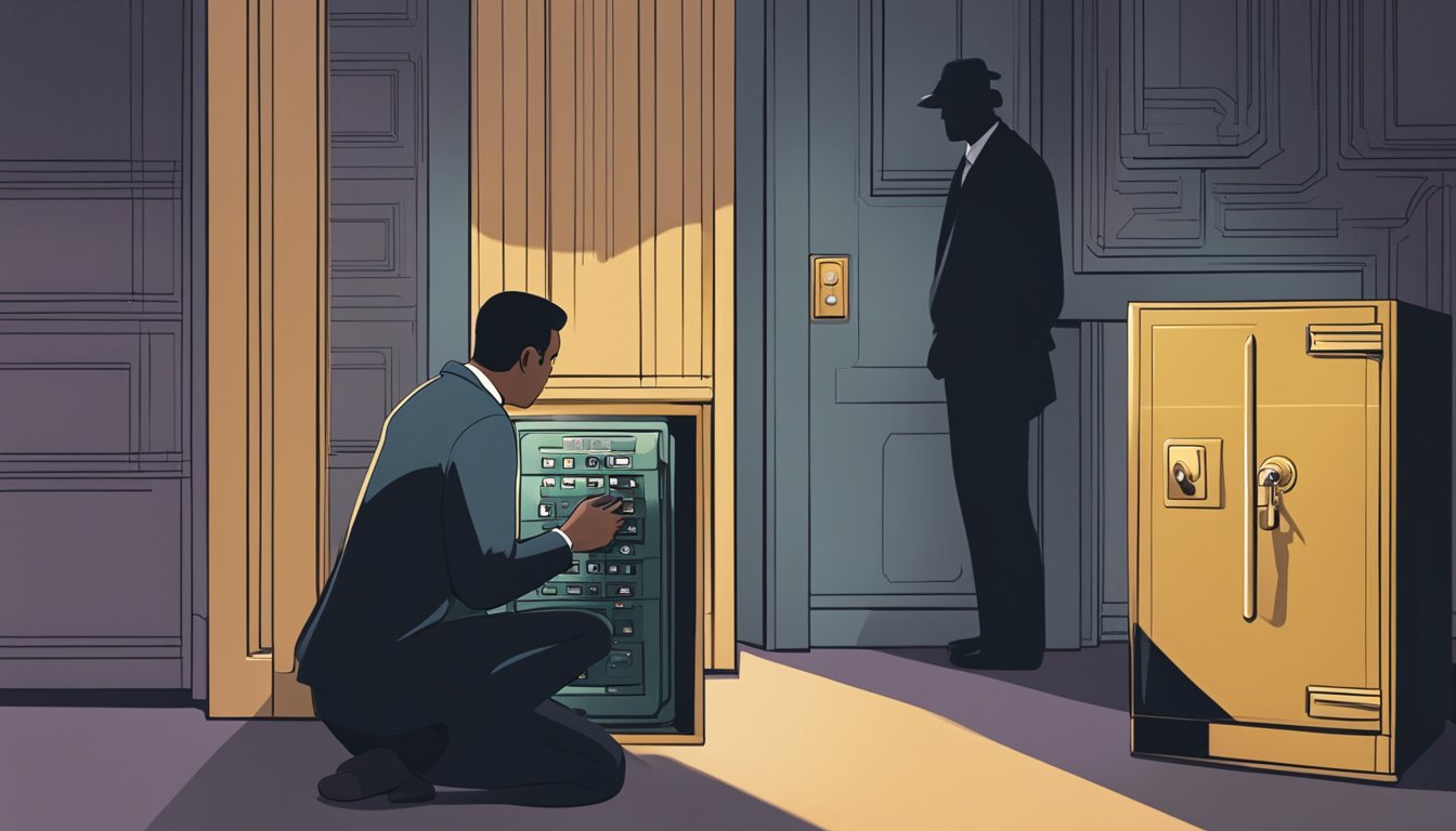 A person hiding money in a secure lockbox, while a shadowy figure lurks nearby