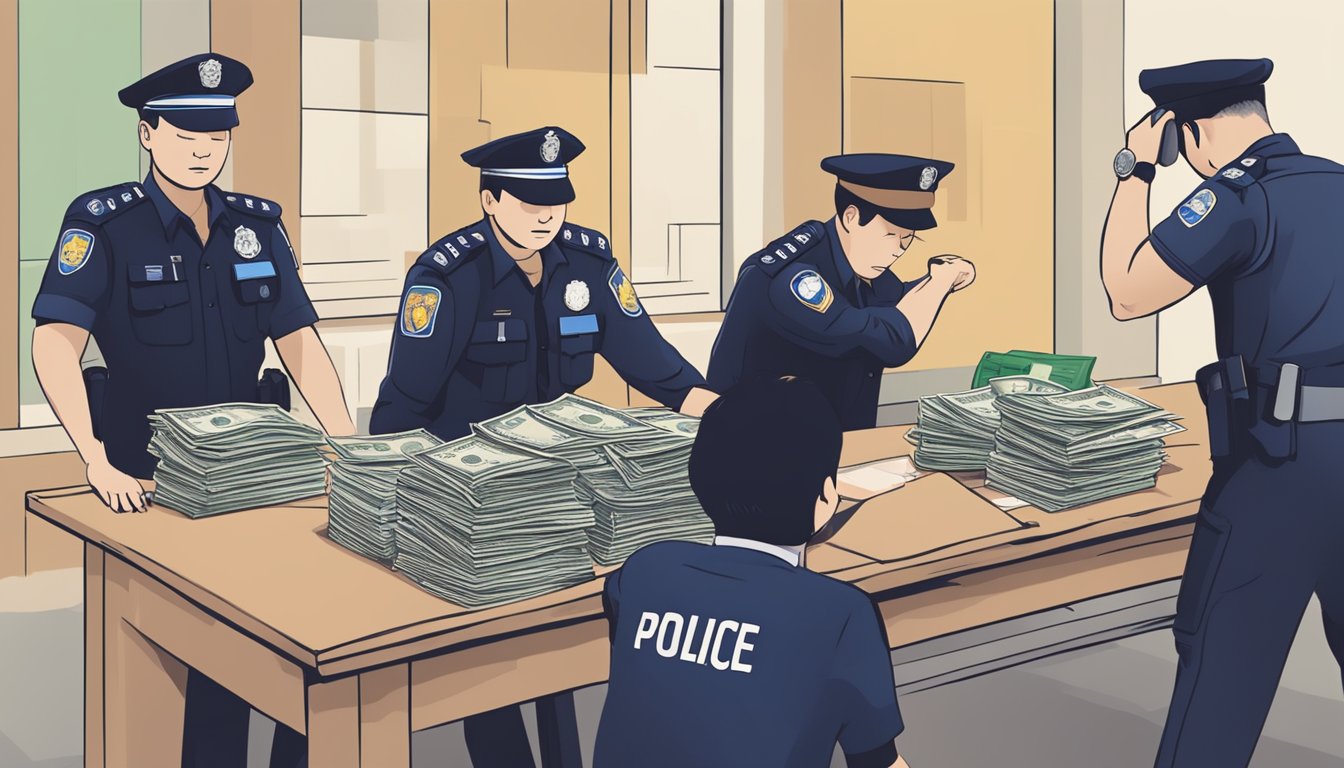 A person being arrested by police for unlicensed money lending in Singapore. Confiscated cash and documents on a table.警方逮捕非牌照放贷者。没收现金和文件。