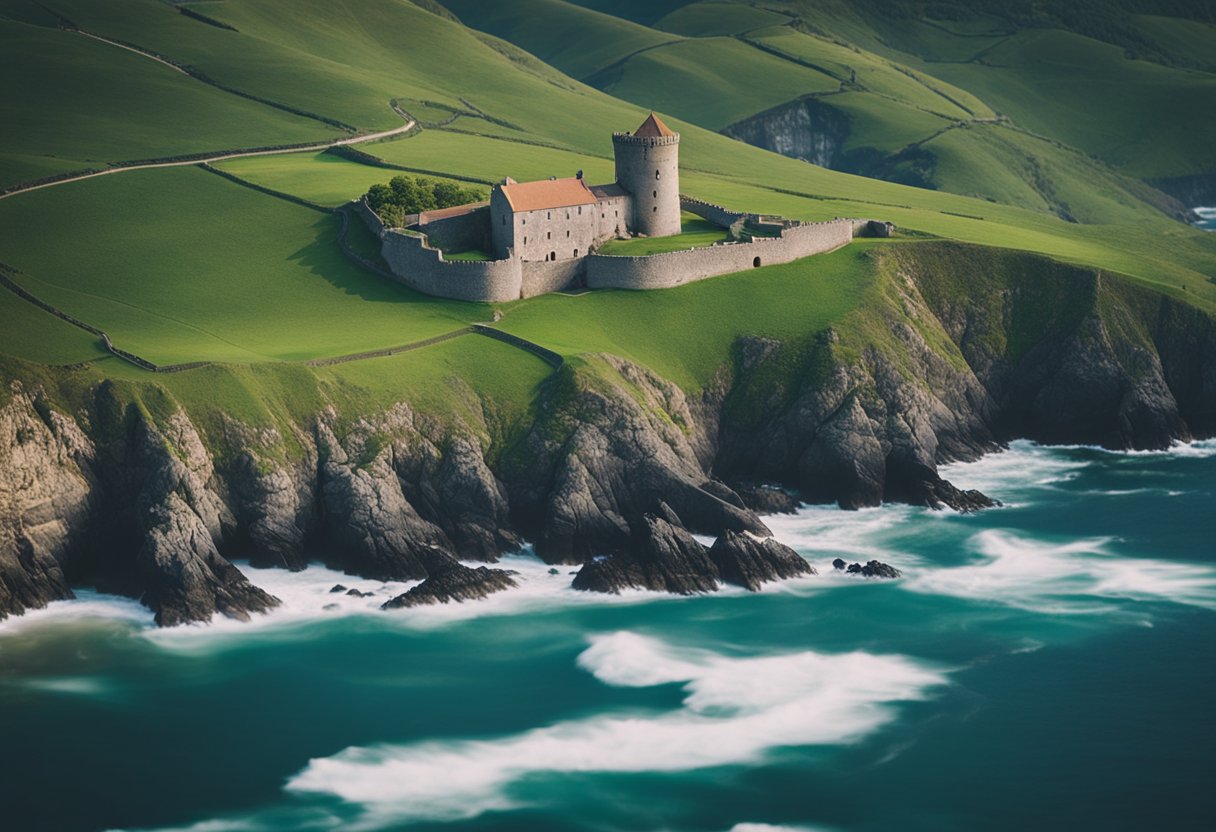 Rolling green hills meet the rugged coastline, where a solitary castle stands against the crashing waves. A quaint village nestled in the valley, surrounded by ancient ruins