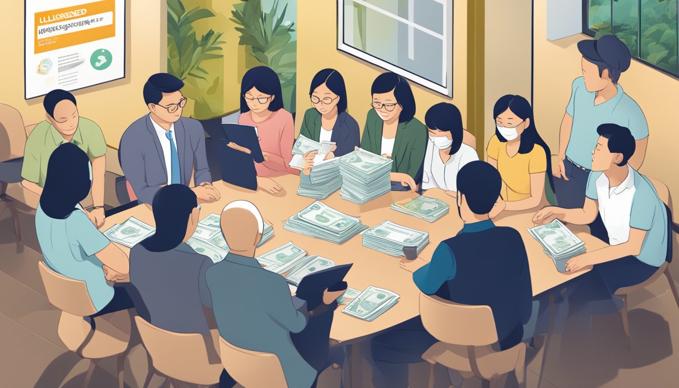 A group of people gather around a sign warning about unlicensed money lenders in Singapore. Brochures and educational materials are spread out on a table