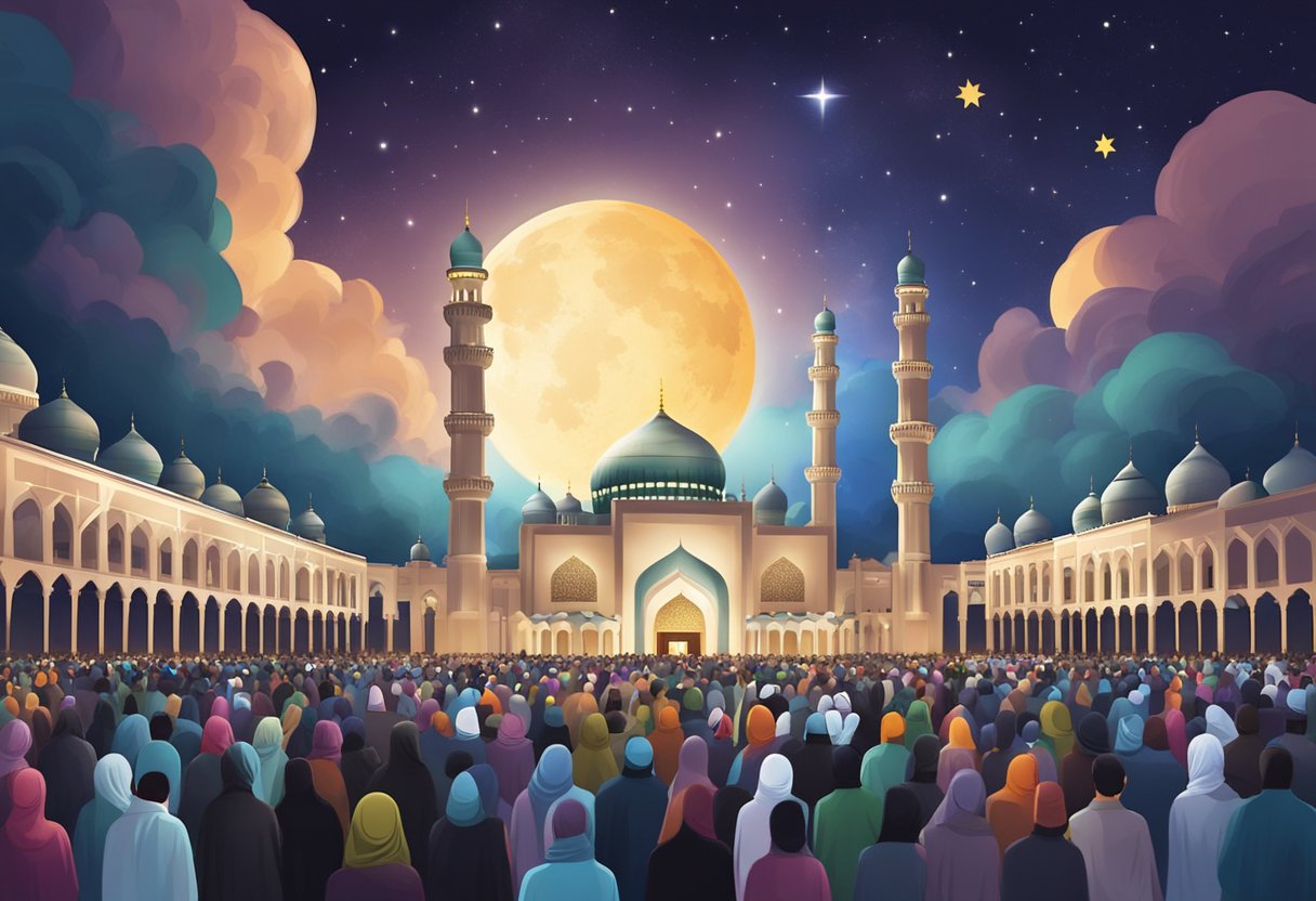 The night sky in Malaysia on Shab e Barat 2024, with mosques illuminated and people gathered for prayers and reflection