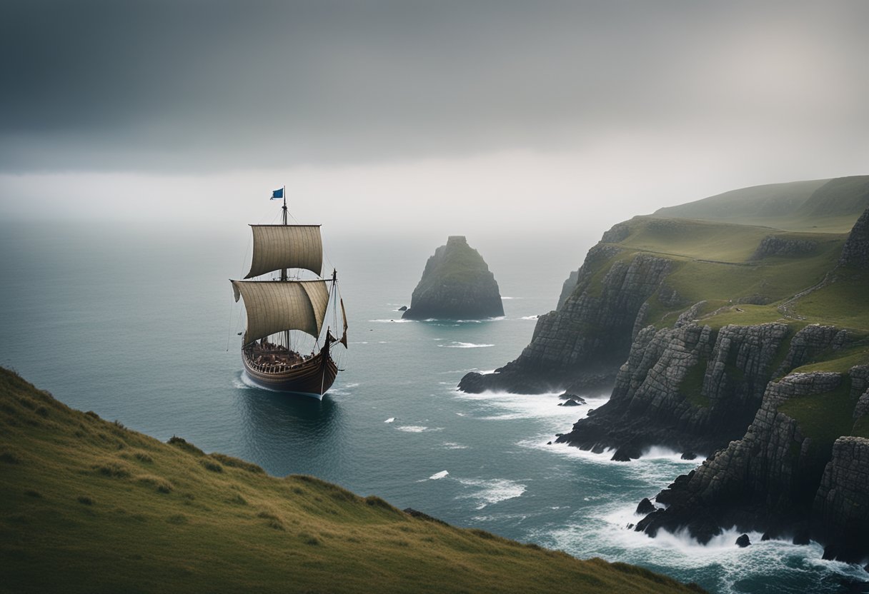 Vikings: Unveiling Historical and Filming Locations in Ireland’s Landscape - A Viking ship sails through misty waters towards a rugged Irish coastline, with ancient stone ruins perched on the cliffs above
