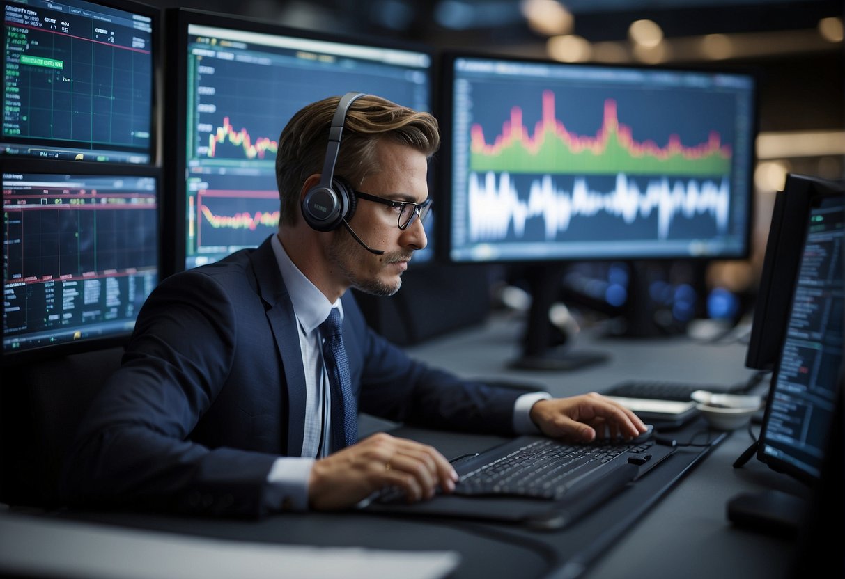 A stock trader monitors market data on multiple screens, charts, and graphs, showing fluctuations in stock prices compared to other financial instruments